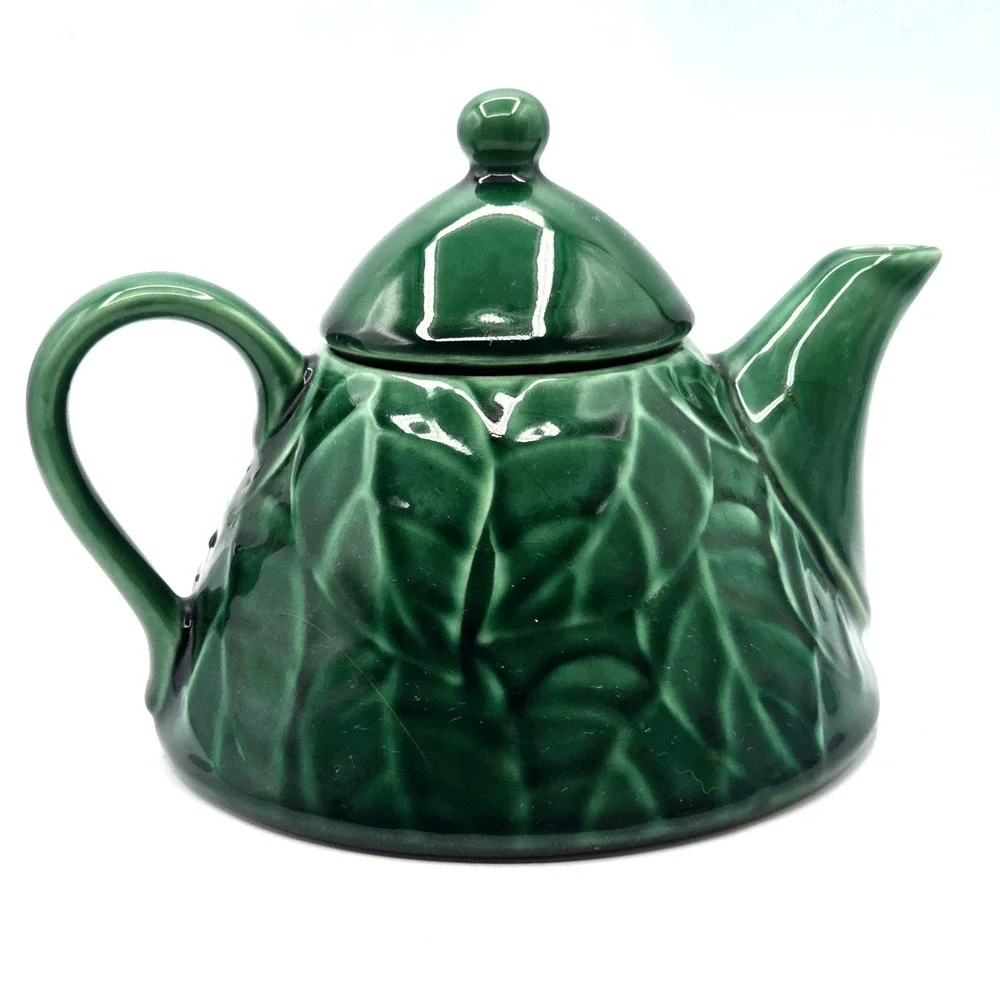 Vintage Pier-1 Imports Teapot Jade Leaves Green Stoneware Pier One Collection 7